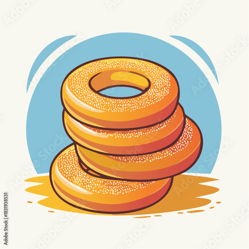 Stack Of Four Golden Brown Bagels With White Sesame Seeds Sprinkled On Top Against A Blue Sky And Sandy Ground Background