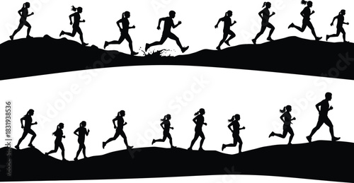 Highly Detailed Vector Silhouettes of Runners and Athletes Training on Uneven Terrain and Hills, Featuring Men and Women in Various Running Poses for Fitness and Sports Concepts