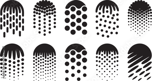 Ten abstract black and white graphic elements with dots and lines on white background vector illustration