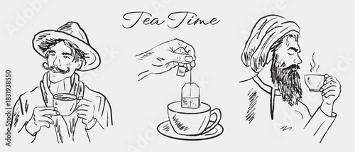 Hand drawn tea time illustrations. Vector hand drawn illustrations in vintage style. Man with a beard and turban drinking tea, teapot, hand holding tea bag above the cup.