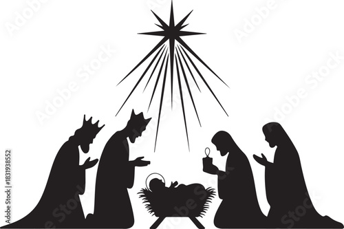 Birth of Christ, baby Jesus reaching the Magi bear gifts, three wise kings and star of Bethlehem, nativity Christmas graphics design .vector illustration silhouette with out background