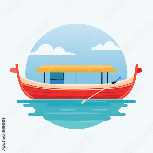 Traditional Red Boat With Yellow Canopy Floating On Blue Water Under A Cloudy Sky In Daytime
