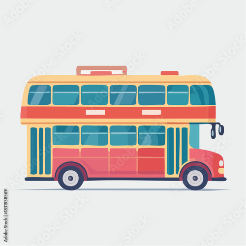 Retro Double Decker Bus With Red And Yellow Colors Driving On A Clear Day