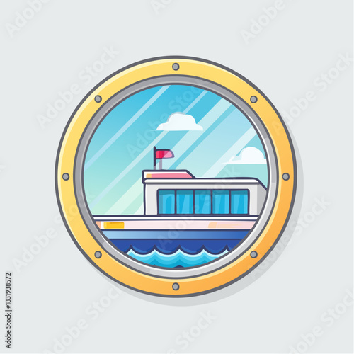 View Through A Porthole Of A Modern White Ship Sailing On Blue Water Under A Cloudy Sky With A Red Flag