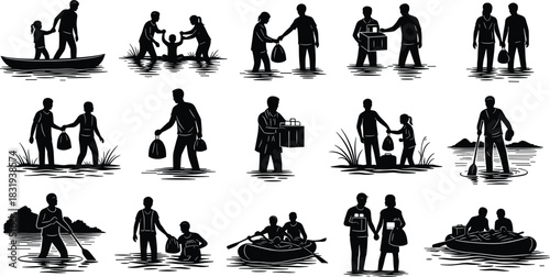 Highly Detailed Vector Silhouettes Depicting People in Flooded Areas, Receiving and Giving Aid, Rescue, and Emergency Relief Operations, Featuring Boats and High Water