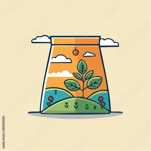 Pixel Art Ecosystem Inside A Glass Jar With A Healthy Green Plant Under A Bright Orange Sky And Fluffy Clouds