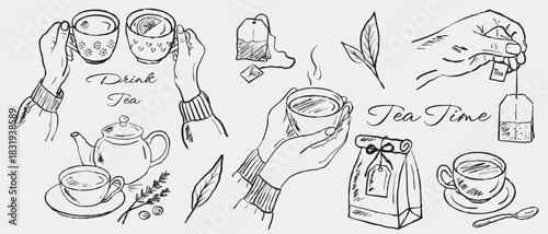 Hand drawn set of tea accessories. Hand holding cup of drink, paper bag. Tea bag drawing. Vector sketch illustration in vintage style. International tea day celebration. Winter cozy drink