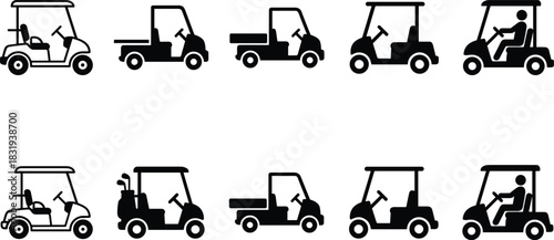 Golf cart icon set, silhouette vector, utility and passenger styles, black and white, transportation symbols, golf course vehicle illustrations, editable graphic elements – flavector
