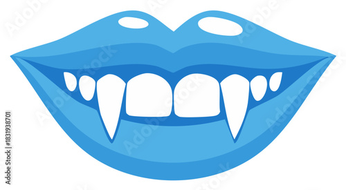 Vivid blue lips and sharp white fangs of a smiling vampire monster Halloween icon