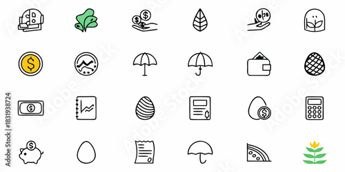 Illustration featuring various financial and growth related icons including money and natural elements