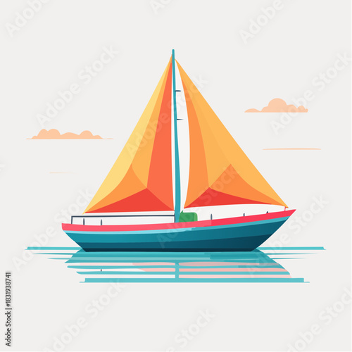 Sailing Boat with Orange Sails on Calm Blue Water Under a Light Sky with Clouds