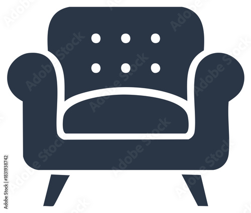 Dark blue armchair icon with white tufting and outline in a simple graphic style