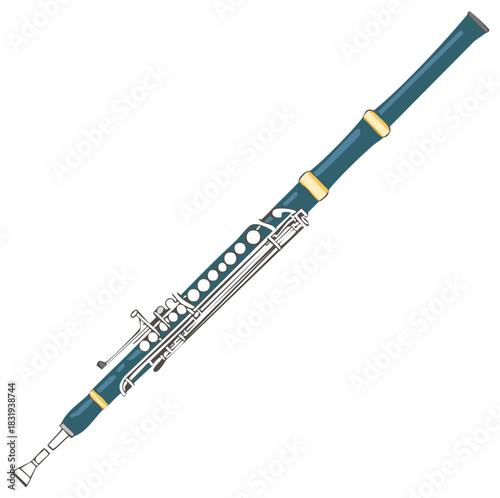 Blue Wooden Oboe with Keys, Classical Orchestral Wind Instrument, Isolated