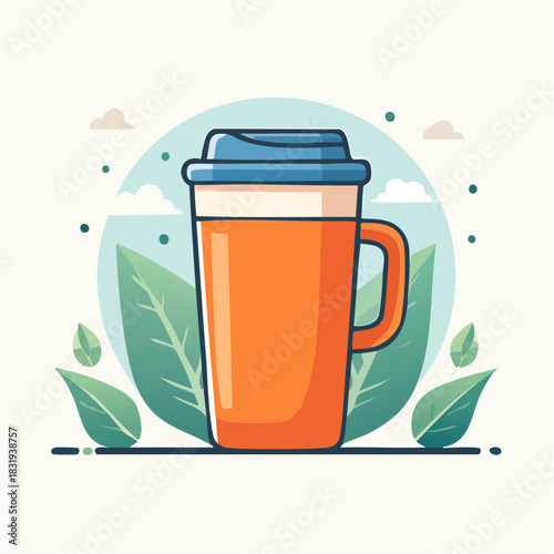 Orange Coffee Mug With Blue Lid And Green Leaves In Background With Soft Lighting