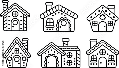 Gingerbread house silhouette set, festive vector, Christmas decoration, holiday sweets, black icons, flavector, candy roof, winter theme, icing trim, cozy design, seasonal art