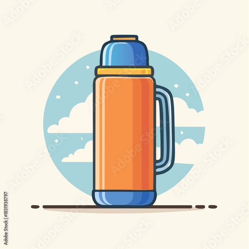 Orange And Blue Thermos Flask With Handle Set Against A Cloudy Sky Background