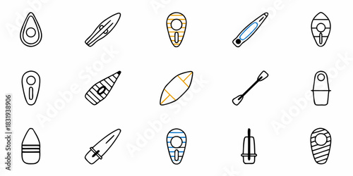 Collection of different boat shapes and a paddle displayed in a line art style on a white background