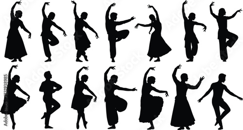 flavector, Set of black silhouettes showcasing traditional Indian classical dance and ballet poses, representing culture, performance, art, rhythm, 