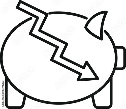 Piggy bank with decreasing arrow graph showing savings decrease, financial crisis concept