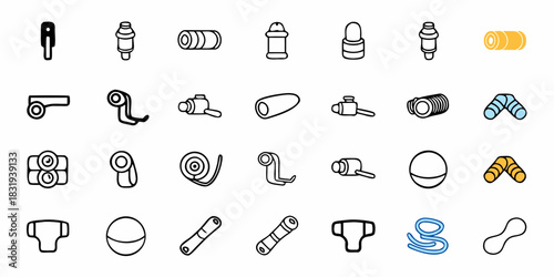 A collection of various objects including rolls, diapers, and other circular shapes items displayed