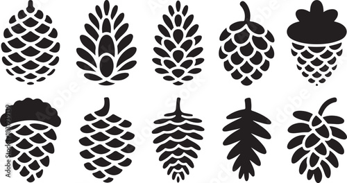 Ten black and white stylized pine cone and hop cone icons and silhouettes on a white background vector