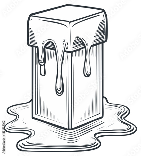 Illustration of a rectangular wooden block covered with dripping liquid with puddle forming below