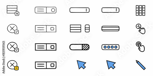 Illustration of various user interface elements including sliders, grids, cursors, and input fields