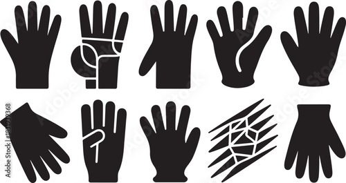 Ten black silhouette gloves with different styles including ribbed cuffs and geometric patterns on a white background