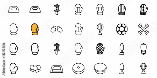 Depiction of various sporting goods and fitness related items arranged in a symmetrical grid pattern
