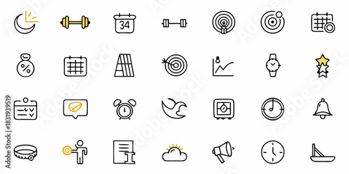 Illustration of various icons including fitness, time, finance, weather, and communication symbols