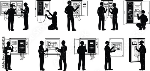 Electrical, control, panel, technician, silhouette, inspection, wiring, testing, cabinet, tool, vector, black, pose, equipment, maintenance, monitoring, setup, engineering, industrial, flavector