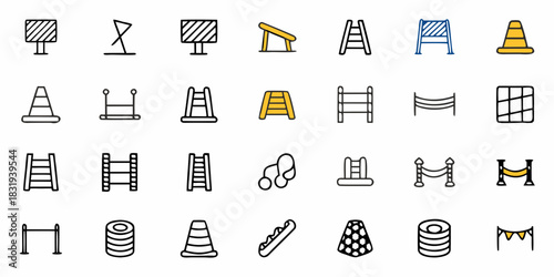 Illustration showing various construction and safety equipment including cones, barriers, and ladders