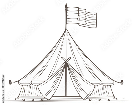 Vintage medieval military canvas tent with a flag, hand drawn sketch illustration