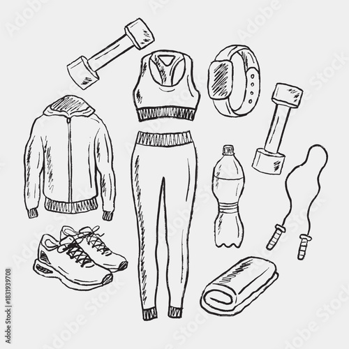 Hand drawn fitness outfit and gear set. Vector sketch illustration in vintage crayon charcoal style. Includes dumbbells, sportswear, shoes, smartwatch, water bottle, jump rope, and towel