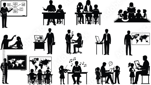 Education, teaching, silhouette, classroom, student, teacher, tutoring, reading, writing, music, computer, map, vector, black, pose, learning, instruction, group, digital, flavector
