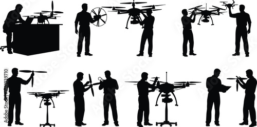 Drone, silhouette, maintenance, inspection, rotor, tablet, clipboard, tool, stand, laptop, vector, black, pose, assembly, adjustment, repair, flight, technology, setup, flavector
