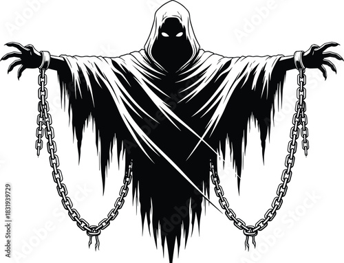 Haunting hooded ghost with glowing eyes, chained wrists, tattered robes, claw hands, fantasy horror silhouette for supernatural themes