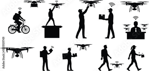 Drone, delivery, silhouette, package, surveillance, interaction, bicycle, tablet, controller, desk, vector, black, flight, hover, reach, walk, sit, technology, logistics, flavector