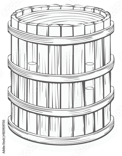 Rustic Wooden Barrel Container with Straps and Slats Illustration