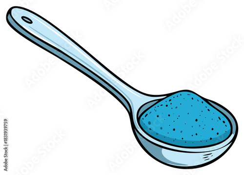 Cartoon Illustration of a Spoon Filled with Light Blue Powder