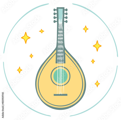 Vibrant musical mandolin illustration featuring a folk string instrument with twinkling stars and graceful decorative arcs