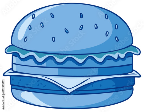 Illustration of a blue burger featuring layers of lettuce, cheese, and a sesame seed bun