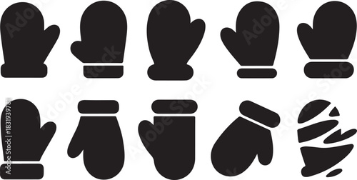 Ten black silhouette mittens with varied designs including ribbed cuffs and abstract patterns on a white background