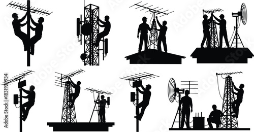 Antenna, satellite, dish, installation, silhouette, worker, rooftop, tower, pole, climb, vector, black, pose, gear, communication, repair, setup, harness, infrastructure, flavector