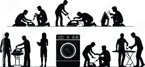 Appliance, repair, silhouette, iron, washing, machine, tool, clipboard, inspection, maintenance, vector, black, pose, household, fix, technician, setup, pliers, screwdriver, flavector