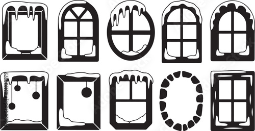 Ten black silhouette window icons with snow and decorations Keywords: window, silhouette, icon, vector, snow, icicle, frame, glass, pane, arched, round, square, rectangular, decoration, ornament