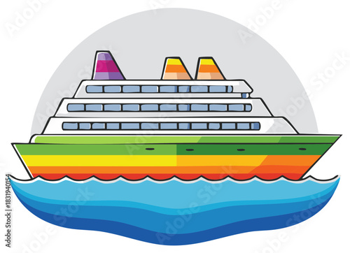 Cartoon illustration of a colorful cruise ship with rainbow stripes on ocean waves