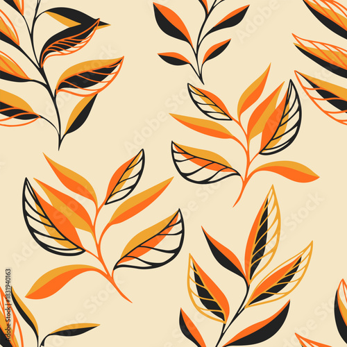Seamless vector pattern featuring vibrant orange and yellow stylized leaves with bold black accents on a soft beige background. Modern botanical design with dynamic, flowing shapes