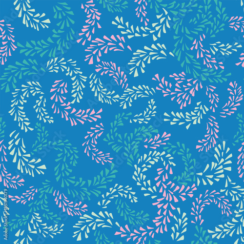 Seamless vector pattern with swirling botanical stems formed by tiny leaf shapes in pink, mint, and teal on a vivid blue background. Playful, organic, and modern nature inspired design