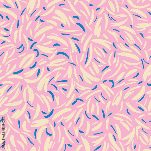 Seamless vector pattern with soft cream and bold blue abstract brush strokes on a pastel pink background. Playful, dynamic texture perfect for textiles, packaging, and modern decor